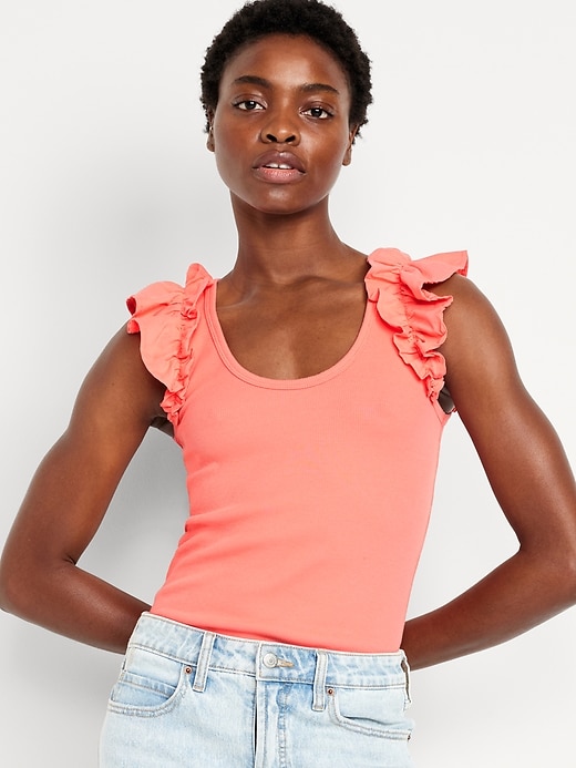 Image number 1 showing, Ruffled Mixed Fabric Tank Top