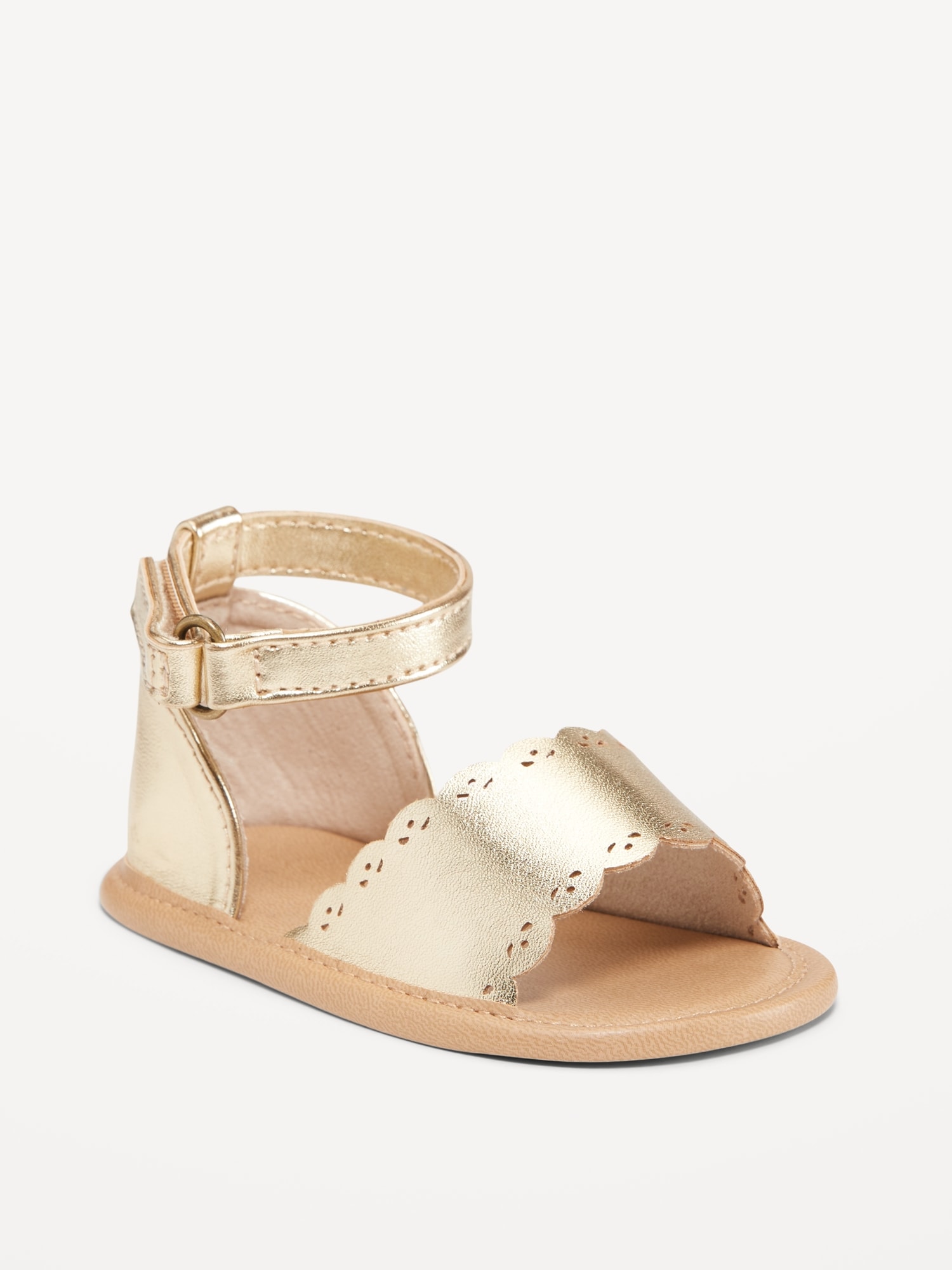 Metallic Faux-Leather Scallop-Trim Sandals for Baby