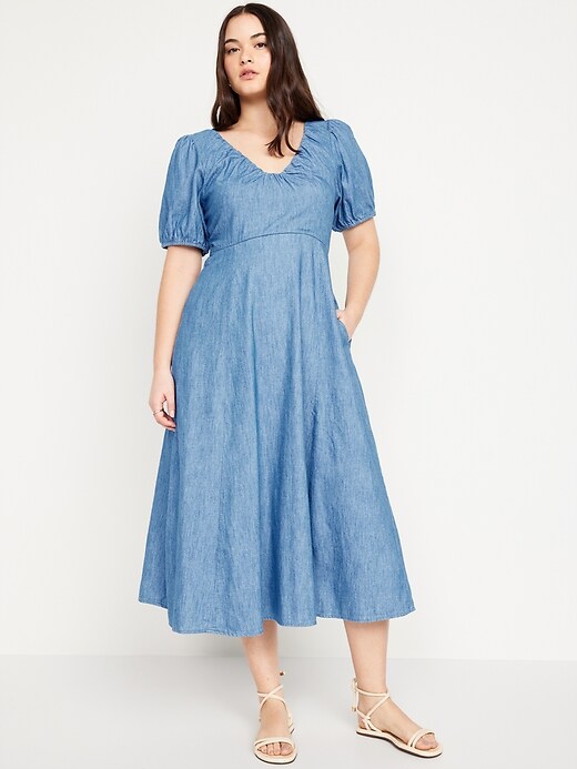 knee length dresses for ladies Long Sleeve Button Down Chambray Midi Dress  Lady Captain