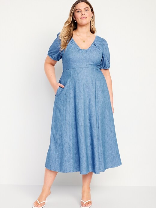 Puff-Sleeve Chambray Midi Dress | Old Navy