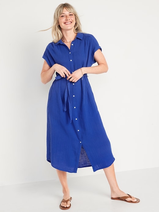 Short-Sleeve Waist-Defined Midi Shirt Dress | Old Navy