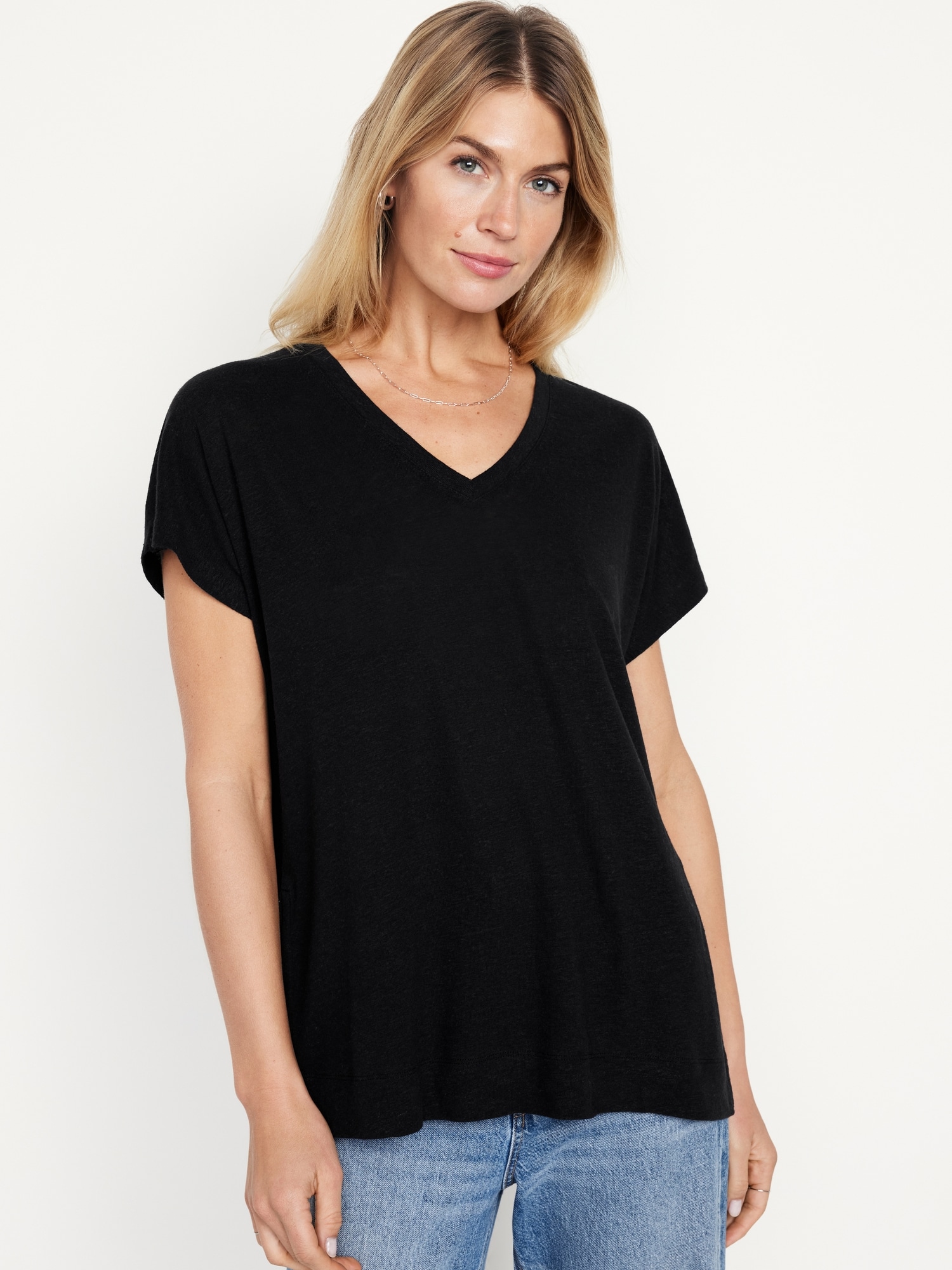 Oversized V-Neck Linen-Blend T-Shirt