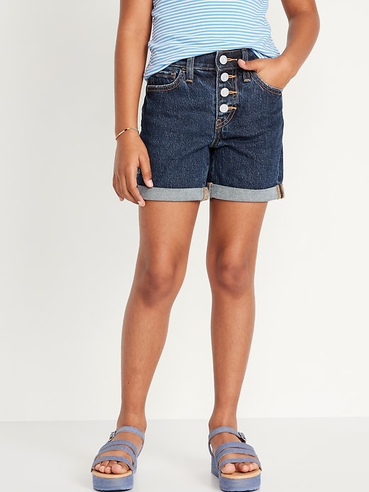 View large product image 1 of 5. High-Waisted Button-Fly Ripped Jean Midi Shorts for Girls
