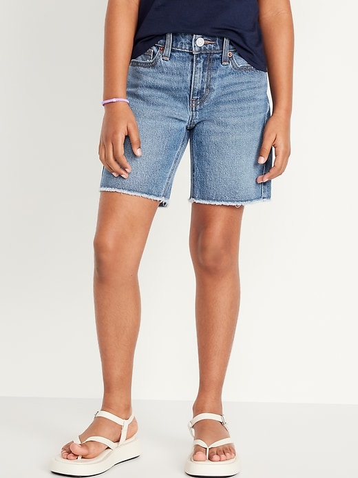 View large product image 1 of 4. High-Waisted Frayed-Hem Jean Bermuda Shorts for Girls