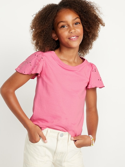 View large product image 1 of 3. Flutter-Sleeve Embroidered Eyelet Top for Girls