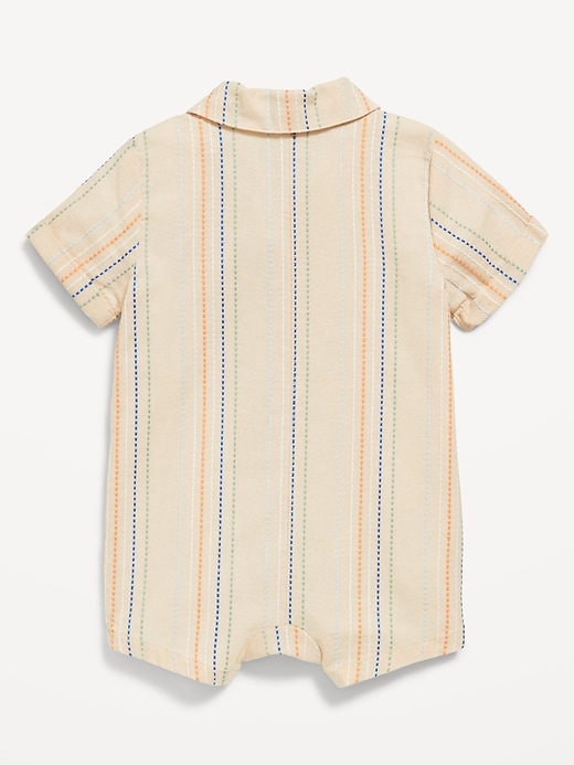 View large product image 2 of 2. Striped Textured Dobby Pocket Romper for Baby