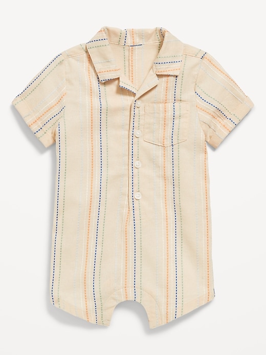 View large product image 1 of 2. Striped Textured Dobby Pocket Romper for Baby