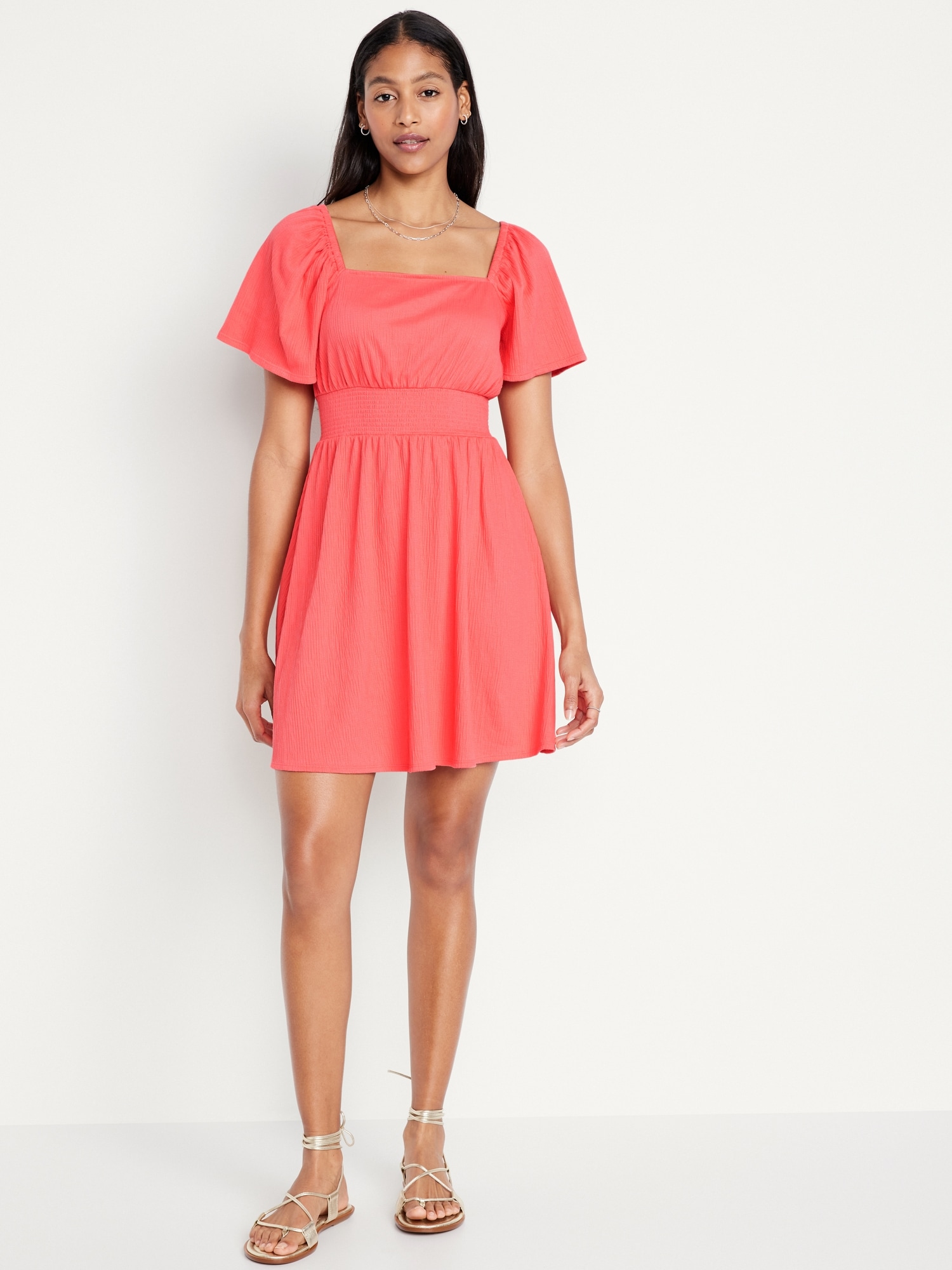 Waist-Defined Flutter-Sleeve Mini Dress