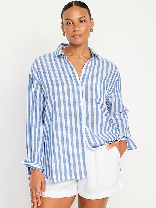 Image number 5 showing, Linen-Blend Striped Boyfriend Shirt