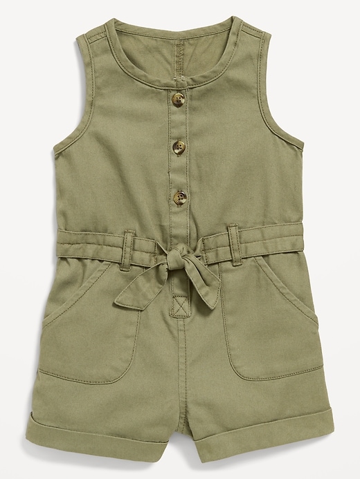 View large product image 1 of 2. Sleeveless Tie-Front Utility Romper for Baby