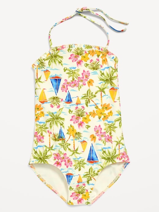 View large product image 1 of 3. Printed Ruffled Halter One-Piece Swimsuit for Girls