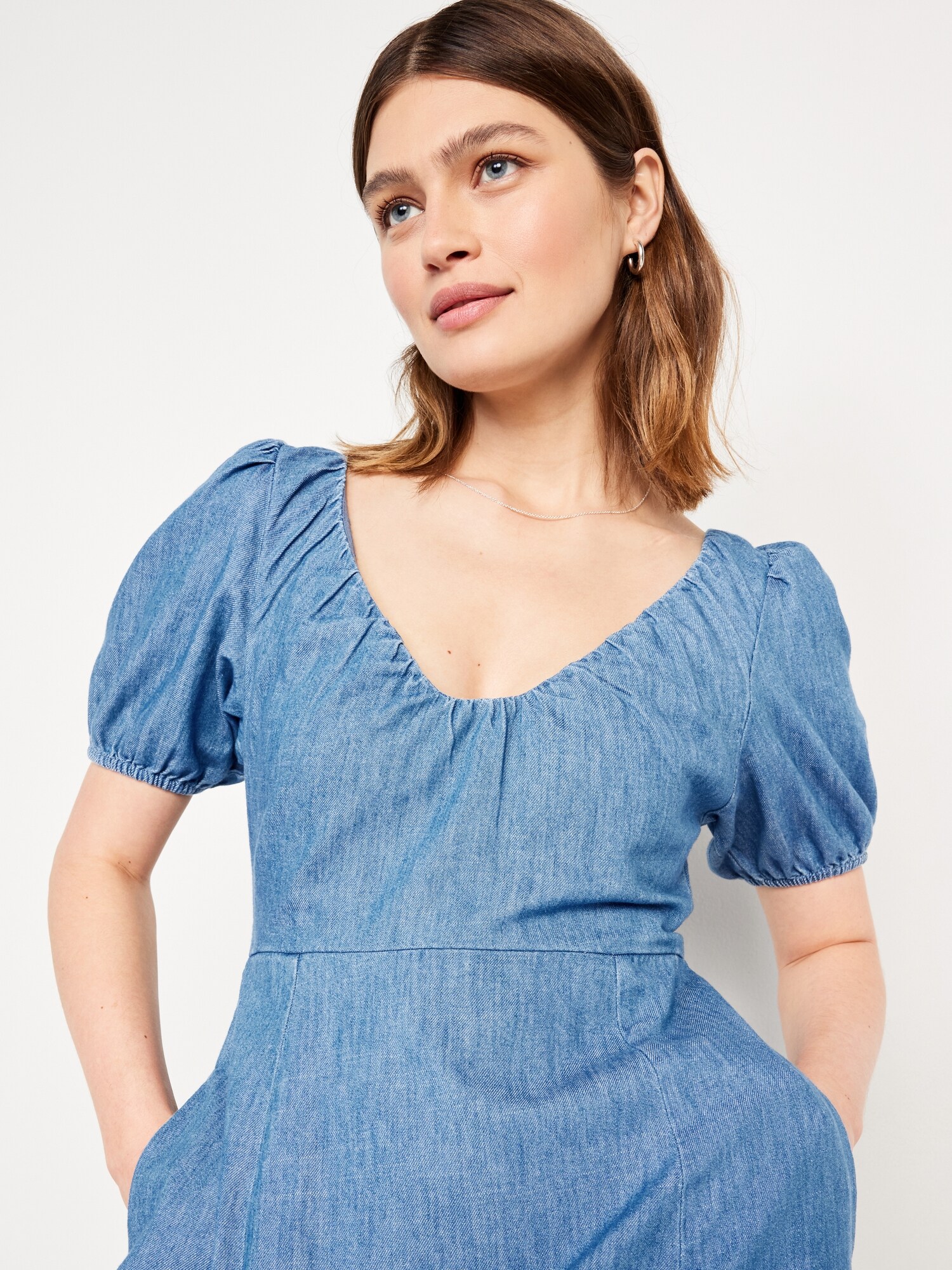 Puff Sleeve Chambray Midi Dress Old Navy