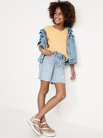 View large product image 3 of 4. High-Waisted Frayed-Hem Jean Bermuda Shorts for Girls