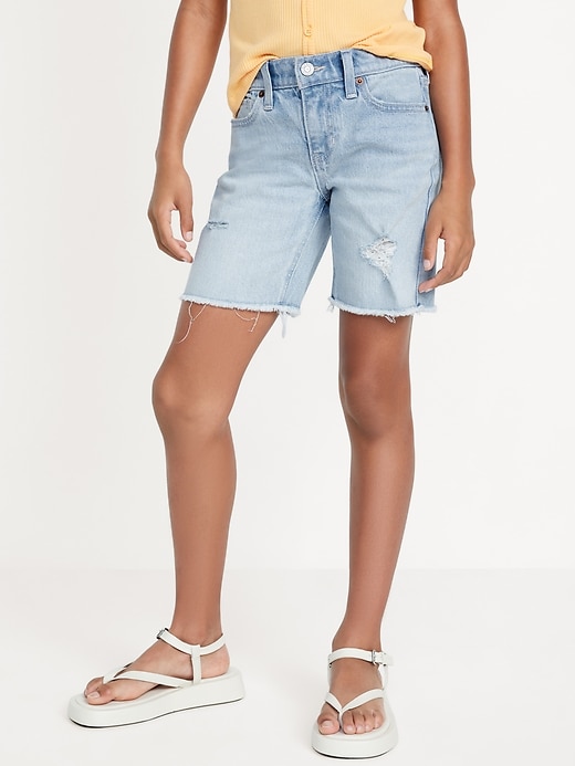 View large product image 1 of 4. High-Waisted Frayed-Hem Jean Bermuda Shorts for Girls