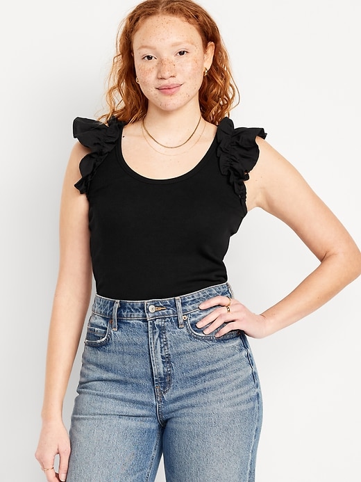 Image number 1 showing, Ruffle-Trim Mixed Fabric Top
