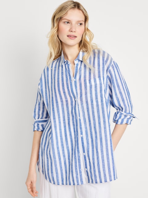 Linen-Blend Striped Boyfriend Shirt - Blue Stripe