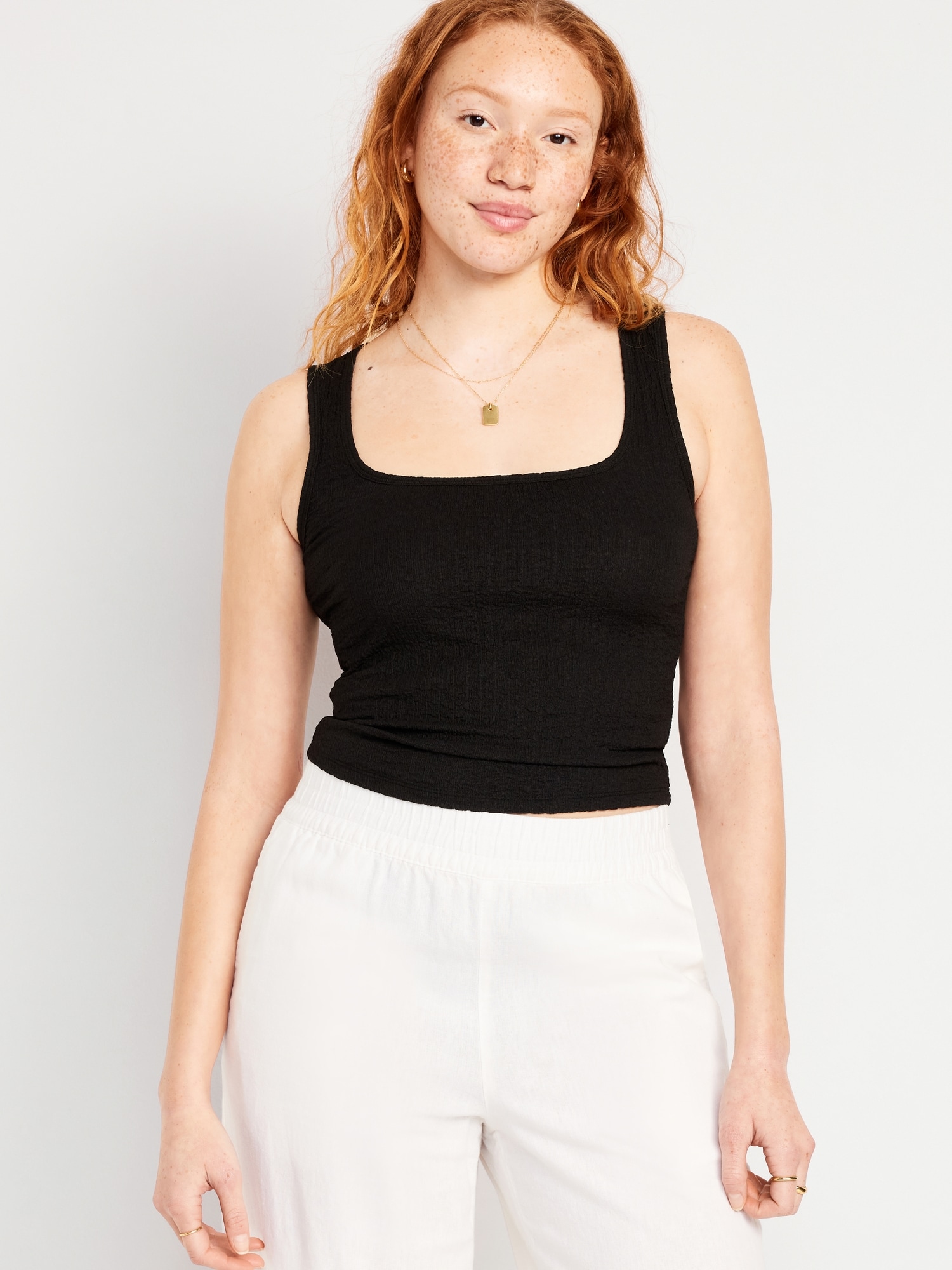 Square-Neck Textured Tank Top