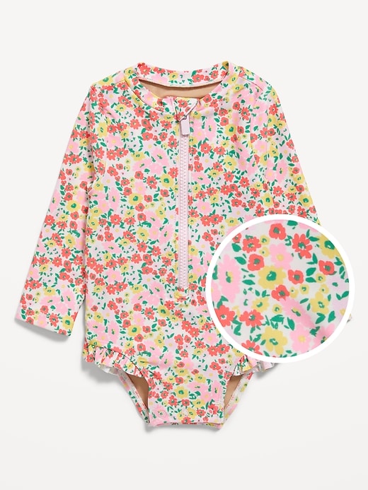 View large product image 1 of 2. Printed Ruffle-Trim Rashguard One-Piece Swimsuit for Baby