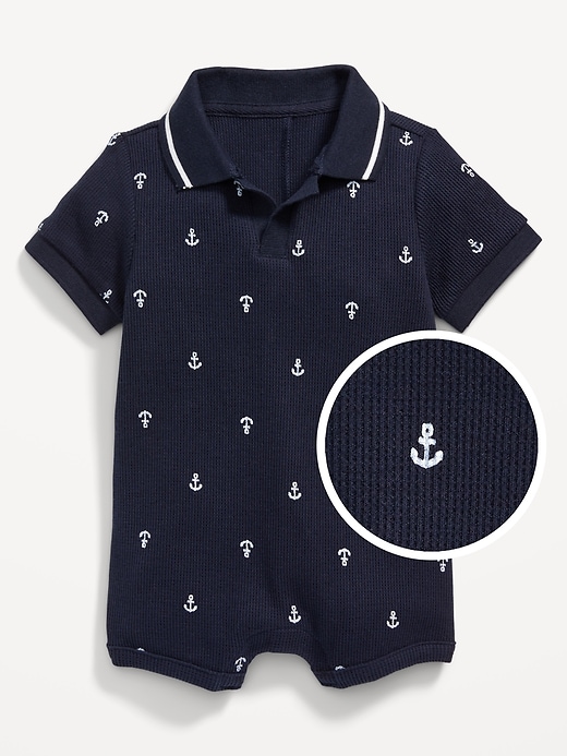 View large product image 1 of 2. Printed Thermal-Knit Polo Romper for Baby