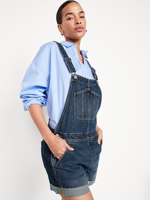 Image number 3 showing, Slouchy Jean Cut-Off Overalls -- 3.5-inch inseam