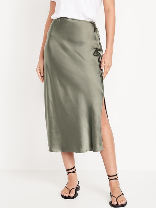 Image number 1 showing, High-Waisted Satin Midi Slip Skirt
