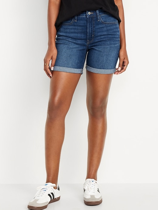 Image number 1 showing, High-Waisted Wow Jean Shorts -- 5-inch inseam