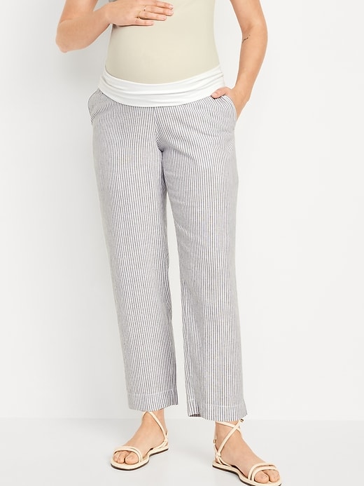 Image number 1 showing, Maternity Rollover-Waist Linen-Blend Pant