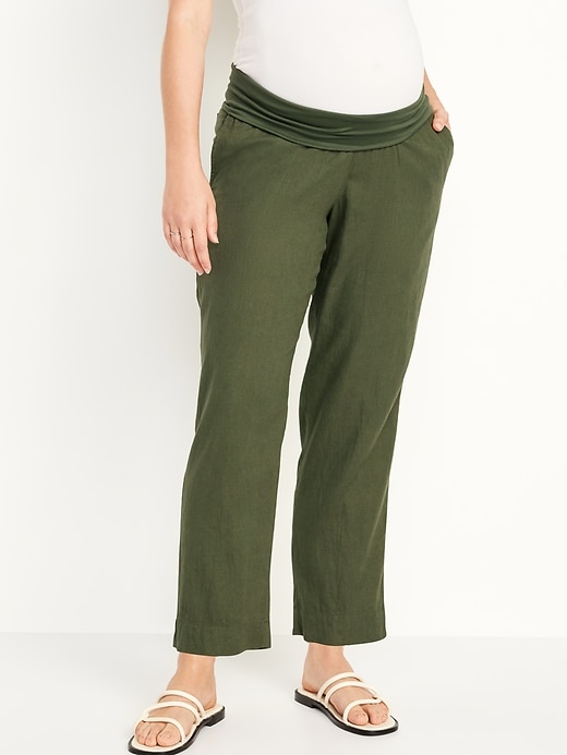 Image number 1 showing, Maternity Rollover-Waist Linen Blend Pant