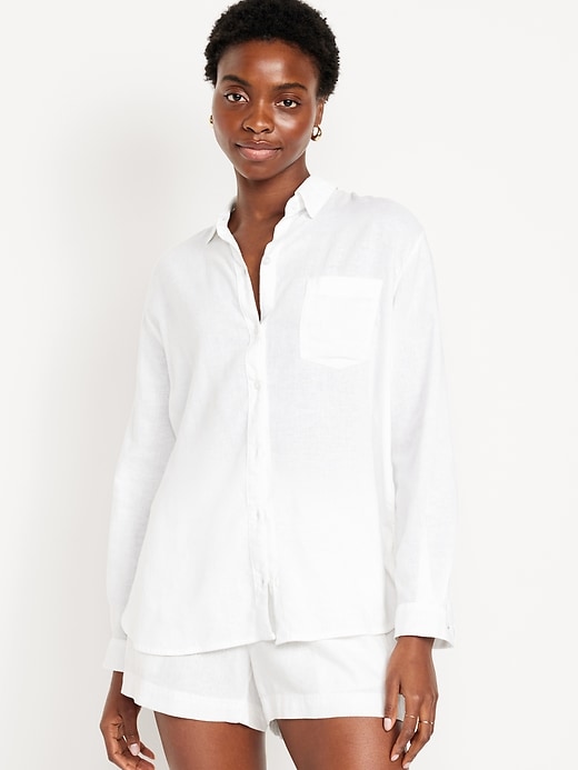 Image number 1 showing, Linen-Blend Button-Down Boyfriend Shirt