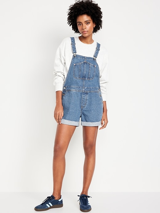 Image number 1 showing, Slouchy Jean Cut-Off Overalls -- 3.5-inch inseam