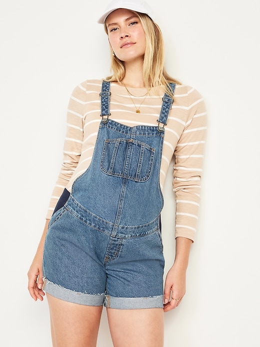 Image number 3 showing, Maternity Side-Panel Slouchy Jean Shortalls -- 5-inch inseam