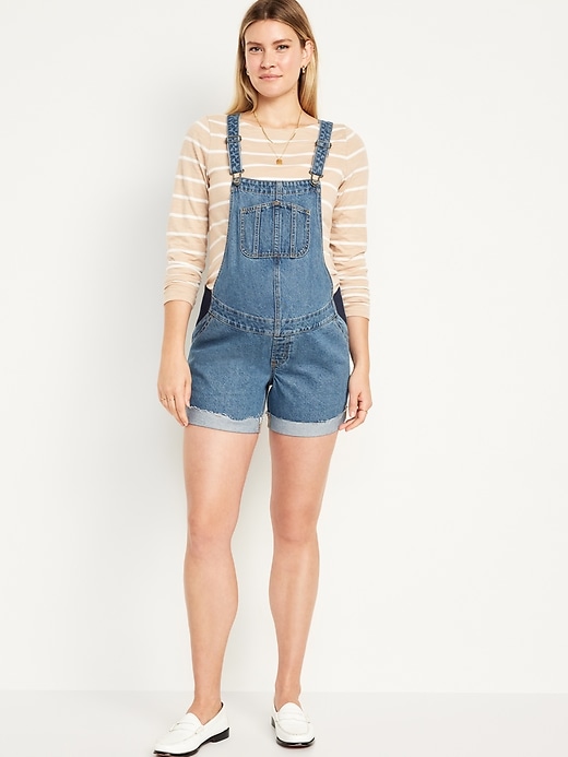 Image number 1 showing, Maternity Side-Panel Slouchy Jean Shortalls -- 5-inch inseam