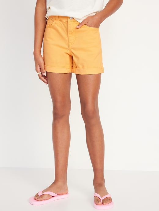 View large product image 1 of 4. High-Waisted Button-Fly Ripped Jean Midi Shorts for Girls
