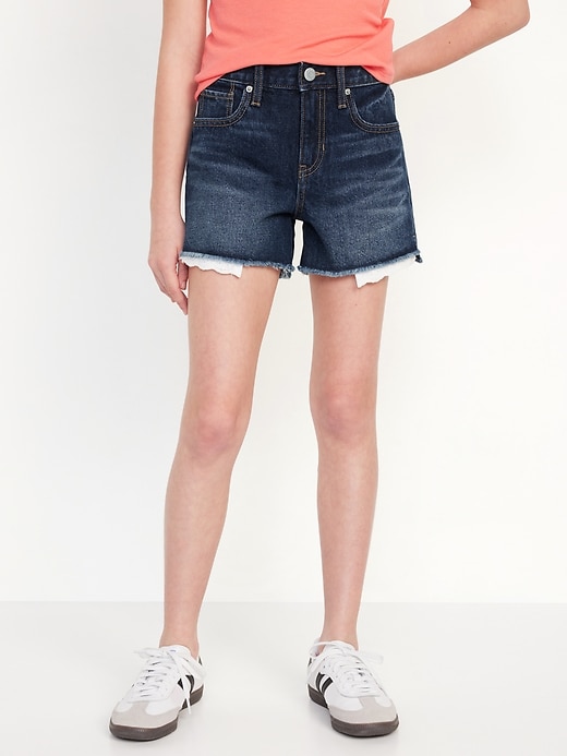 View large product image 1 of 4. High-Waisted Exposed Lace-Pocket Jean Shorts for Girls