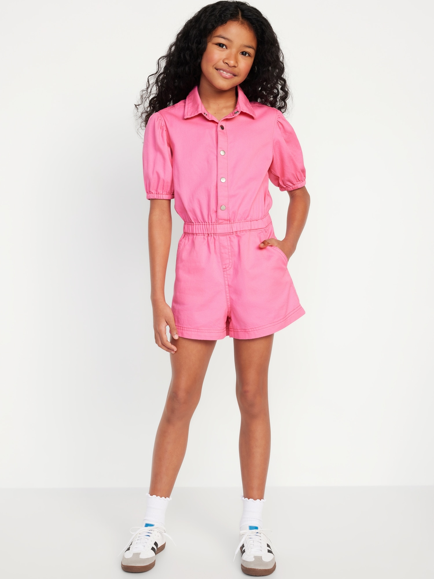 Puff-Sleeve Button-Front Romper for Girls Hot Deal