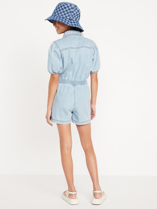 View large product image 2 of 3. Puff-Sleeve Utility Jean Romper for Girls