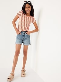 View large product image 3 of 4. High-Waisted Button-Fly Ripped Jean Midi Shorts for Girls