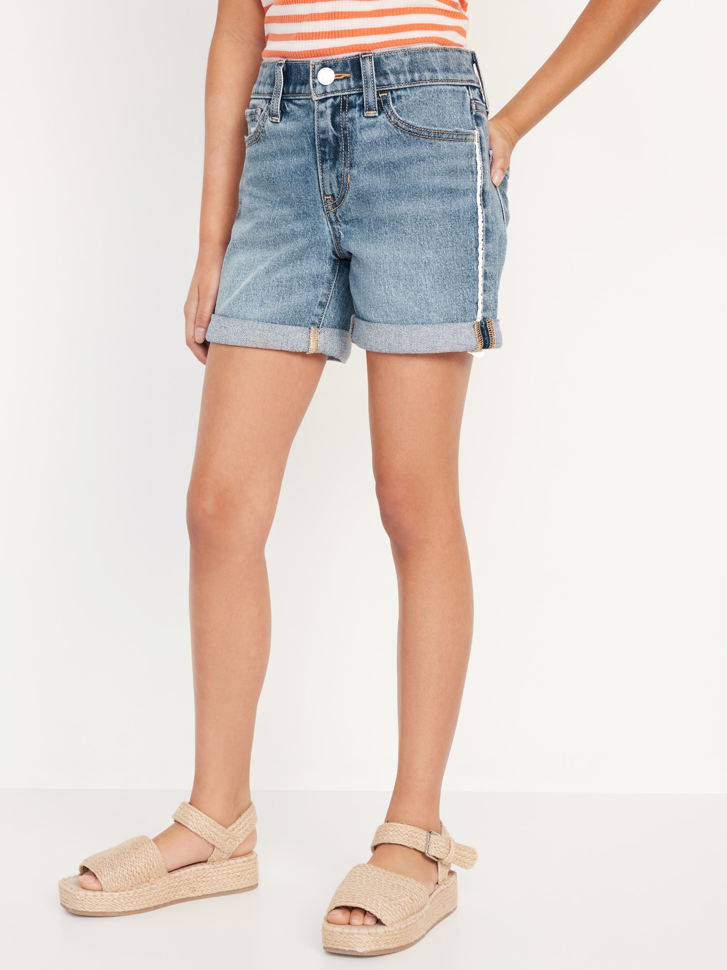 High-Waisted Lace-Trim Double-Rolled-Cuff Midi Shorts for Girls