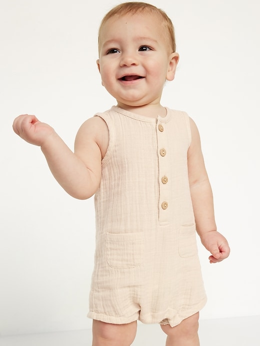 View large product image 1 of 2. Printed Sleeveless Henley Romper for Baby