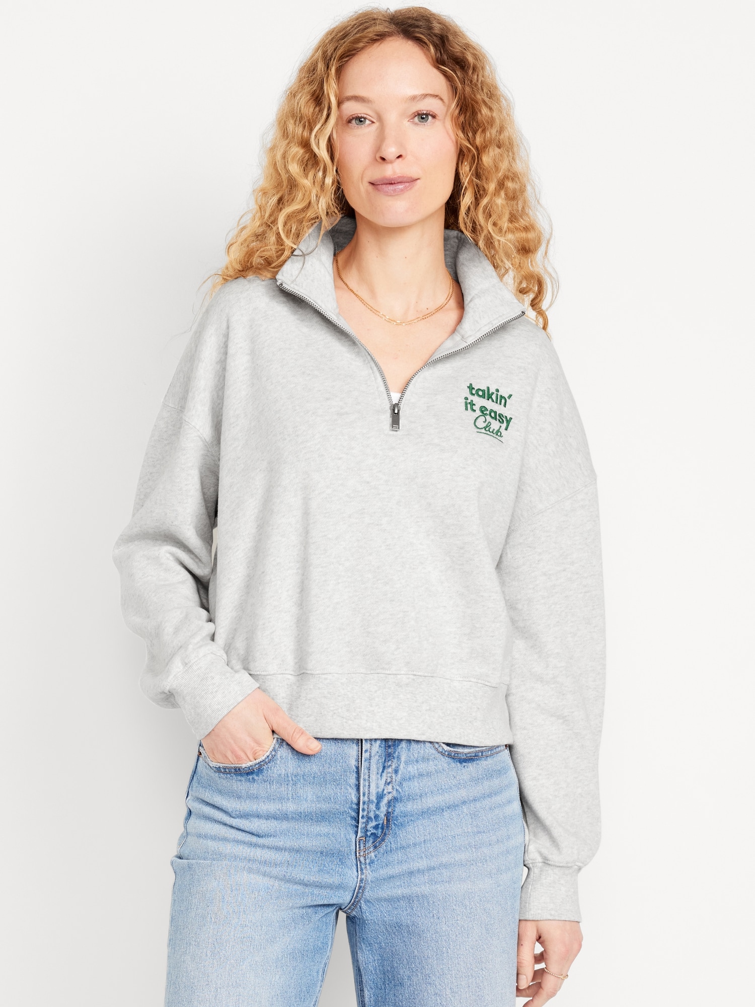 Oversized 1/2-Zip Cropped Pullover for Women