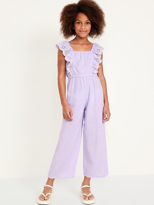 View large product image 1 of 3. Sleeveless Linen-Blend Ruffle-Trim Jumpsuit for Girls