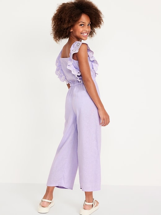 View large product image 2 of 3. Sleeveless Linen-Blend Ruffle-Trim Jumpsuit for Girls