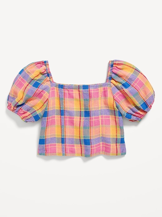 View large product image 2 of 3. Short Puff-Sleeve Linen-Blend Top for Girls