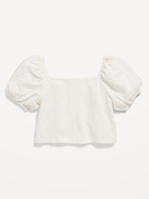 View large product image 2 of 3. Short Puff-Sleeve Eyelet Linen-Blend Top for Girls