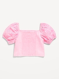 View large product image 3 of 3. Short Puff-Sleeve Eyelet Linen-Blend Top for Girls