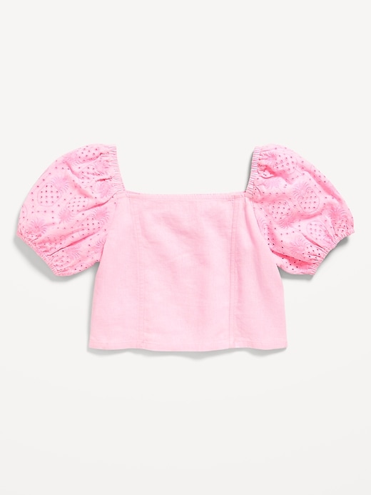 View large product image 2 of 3. Short Puff-Sleeve Eyelet Linen-Blend Top for Girls