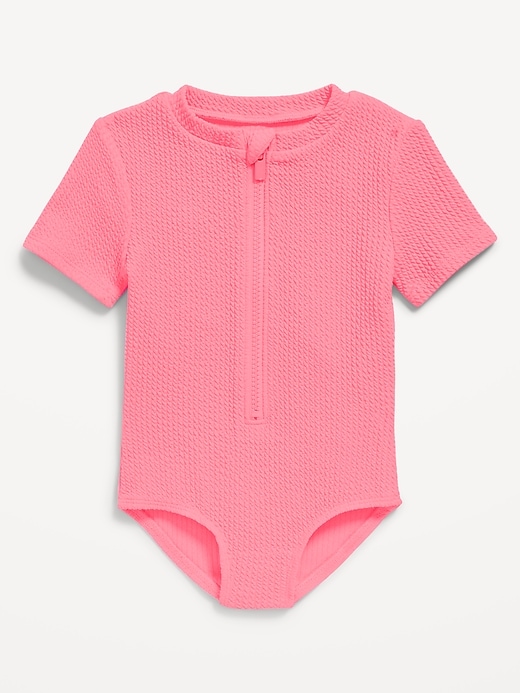 View large product image 1 of 2. Textured Zip-Front Rashguard One-Piece Swimsuit for Toddler Girls