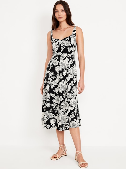 Fit & Flare Linen-Blend Midi Dress - Black Floral