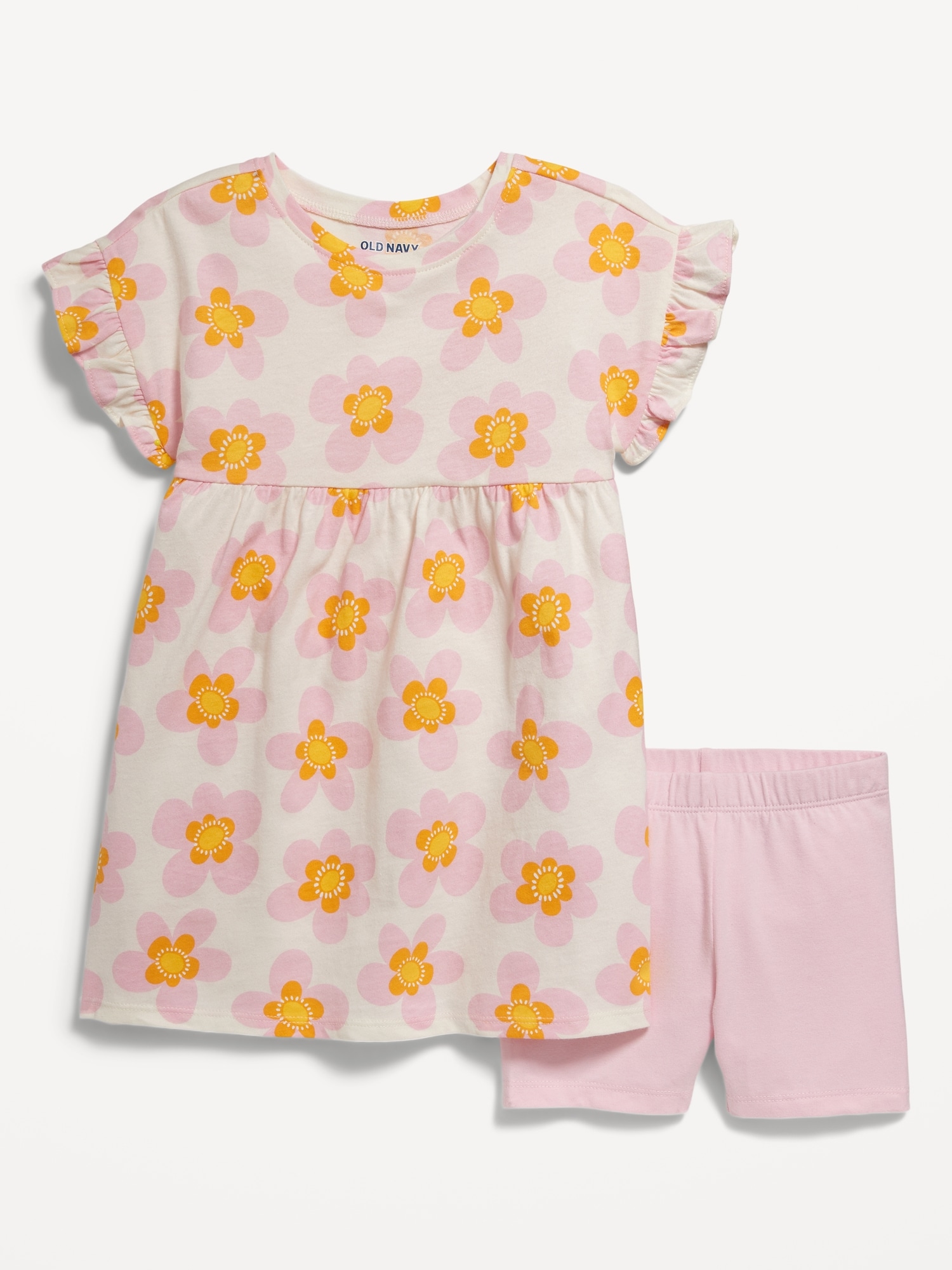 Printed Flutter-Sleeve Dress and Biker Shorts Set for Toddler Girls