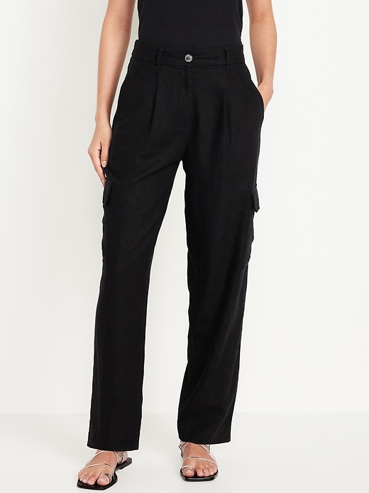 Image number 1 showing, High-Waisted Linen-Blend Cargo Straight Pants